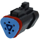 Blue center with red seal of black automotive connector part # DT06-3S-EP10